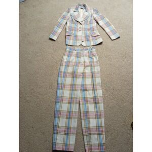 Vintage 70s Kathy Manning Plaid Suit Spring Colors Women's Small Pink Blue White